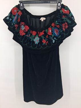 Umgee Black Velvet Strapless Dress with Red & Teal Floral Embroidery